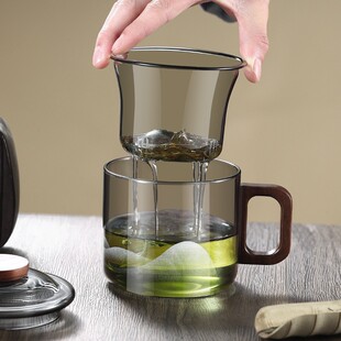 办公室胡桃木高硼硅玻璃茶水分离带盖三件杯墩墩杯家用花茶泡茶杯