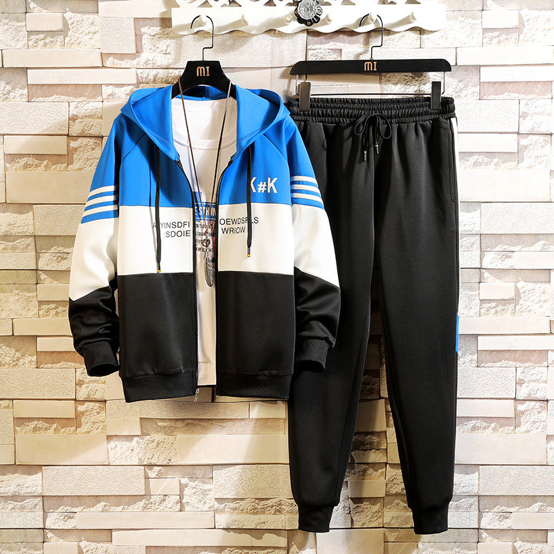 2021 spring student's sweater suit men's hooded casual Korean two piece cardigan