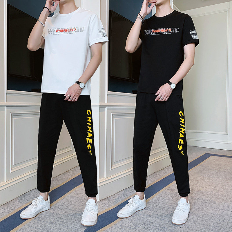 青少年韓版修身短袖套裝男夏季T恤男潮搭休閒褲潮流一套