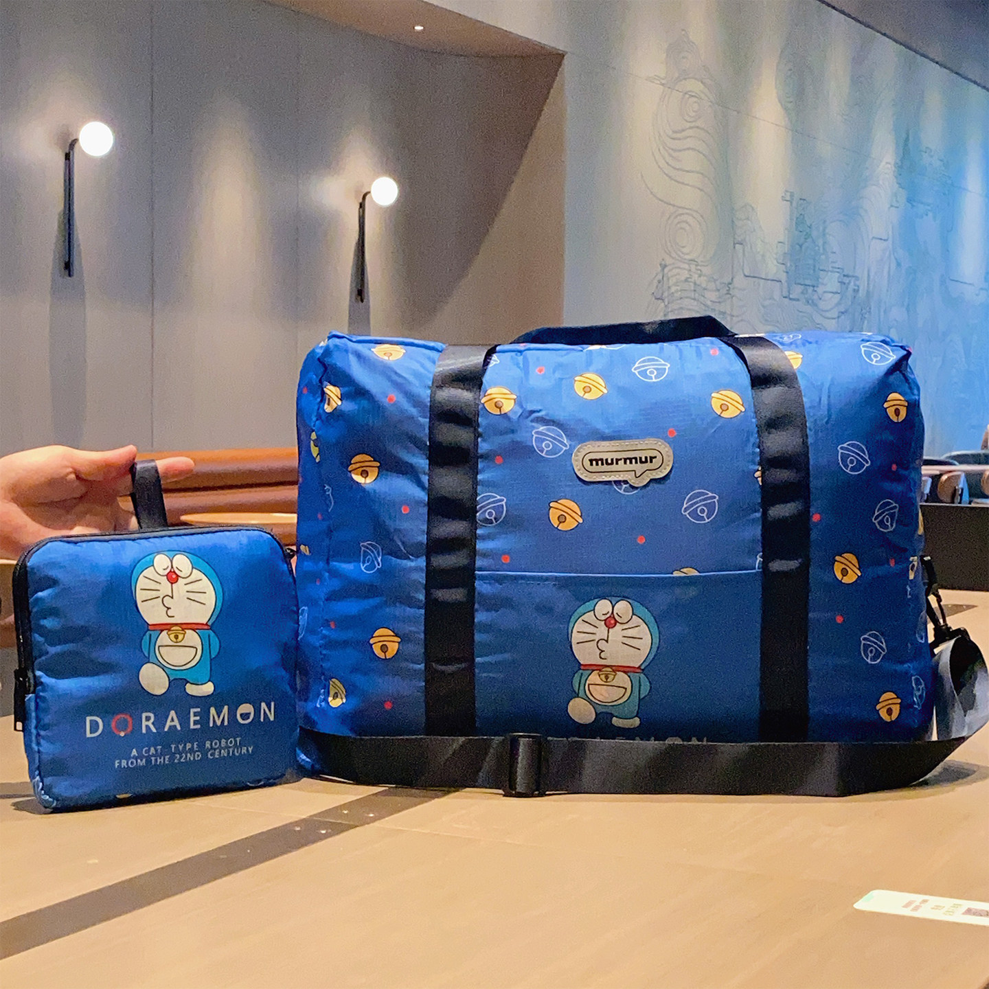 日系卡通蓝胖子可爱印花旅行袋可折叠行李包手提斜挎包衣物整理袋