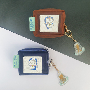 日系卡通蓝胖子可爱零钱耳机数据线口红收纳小挂包网纱便携包挂件