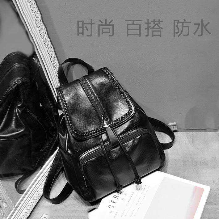 双肩包女包春夏新款时尚潮书包背包防水软皮大学生抽绳系带收口袋