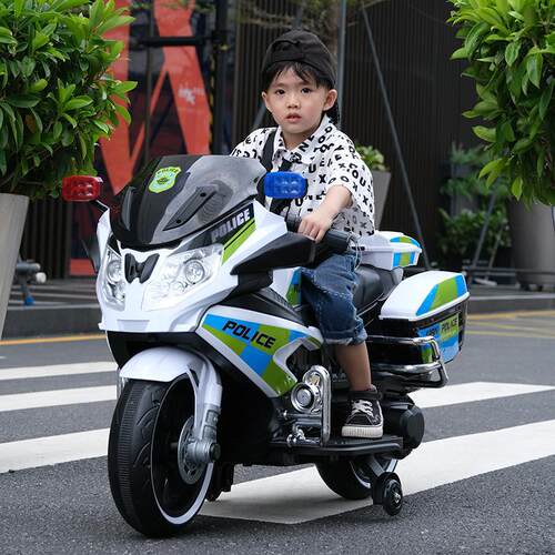 双人警车儿童电动摩托车小孩充电