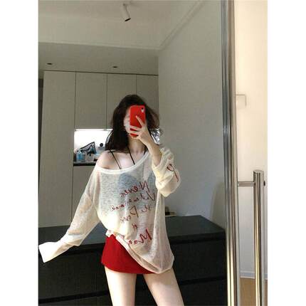 夏季防晒罩衫女2025新款秋季长袖t恤辣妹宽松独特露肩斜肩上衣女