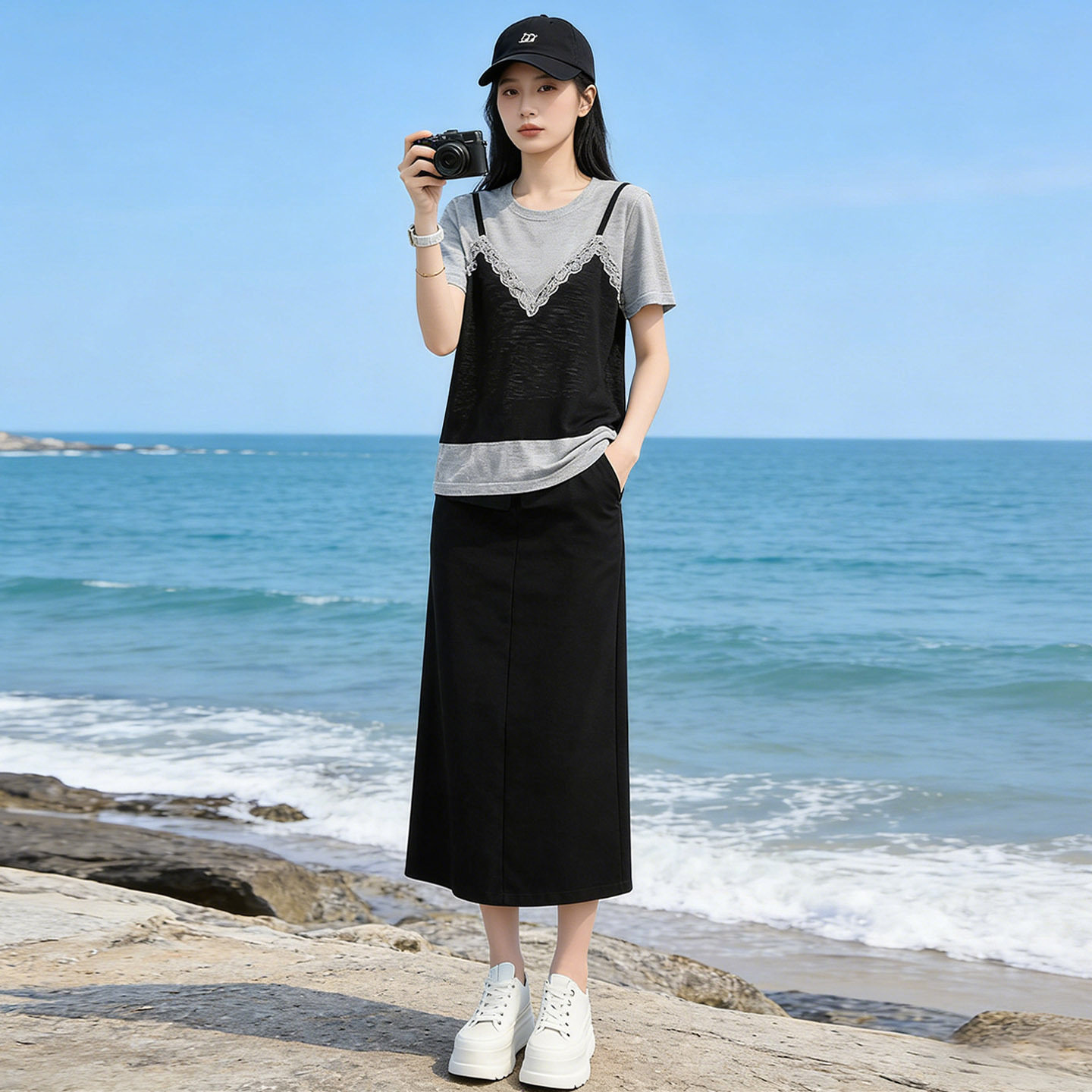 休闲运动套装女2026夏季新款韩版宽松假两件短袖半身裙两件套显瘦