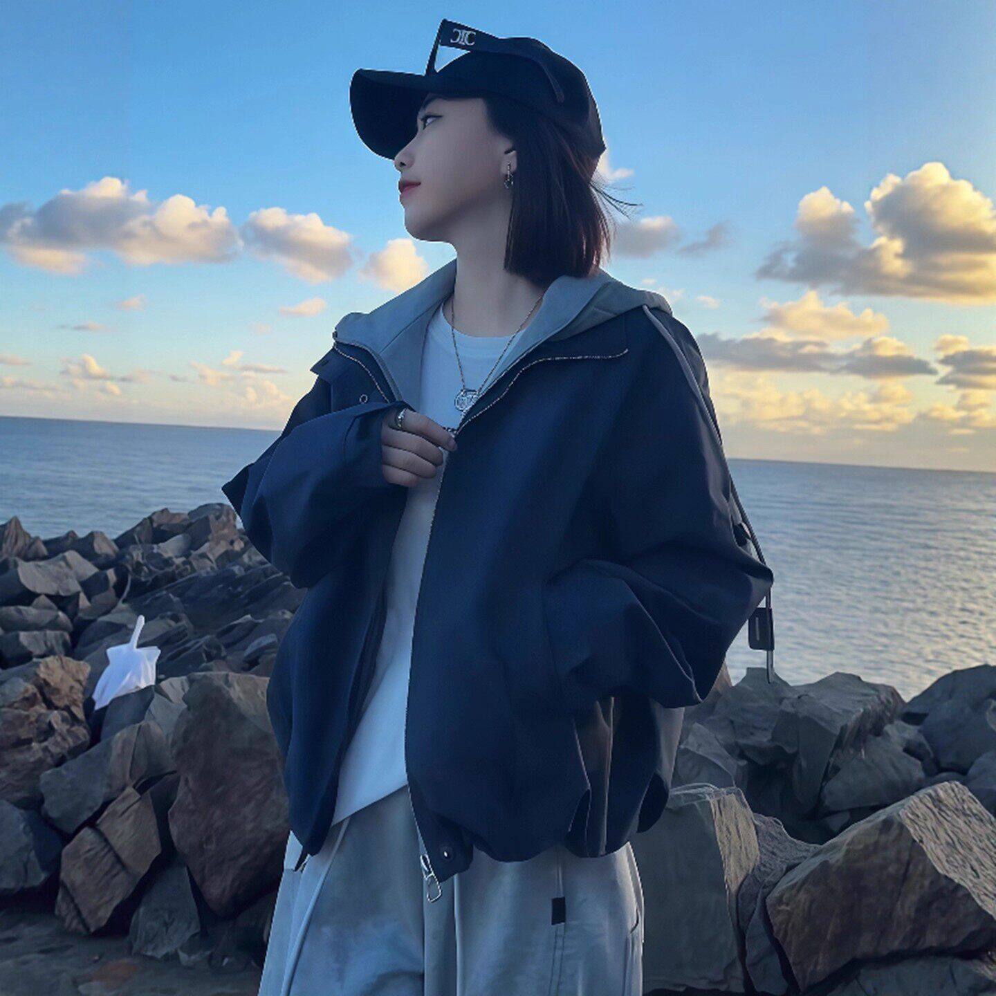 巨好看的连帽短款外套女款2026春季新款小个子韩系宽松假两件上衣
