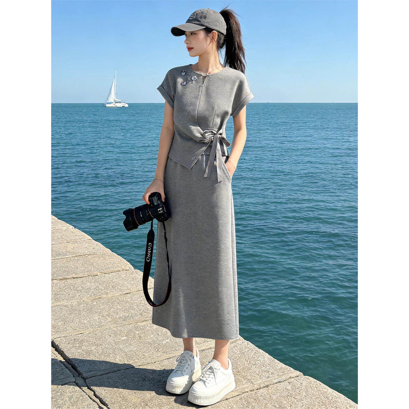 温柔休闲风灰色扭结半身裙套装女夏季收腰中长款高级感气质两件套
