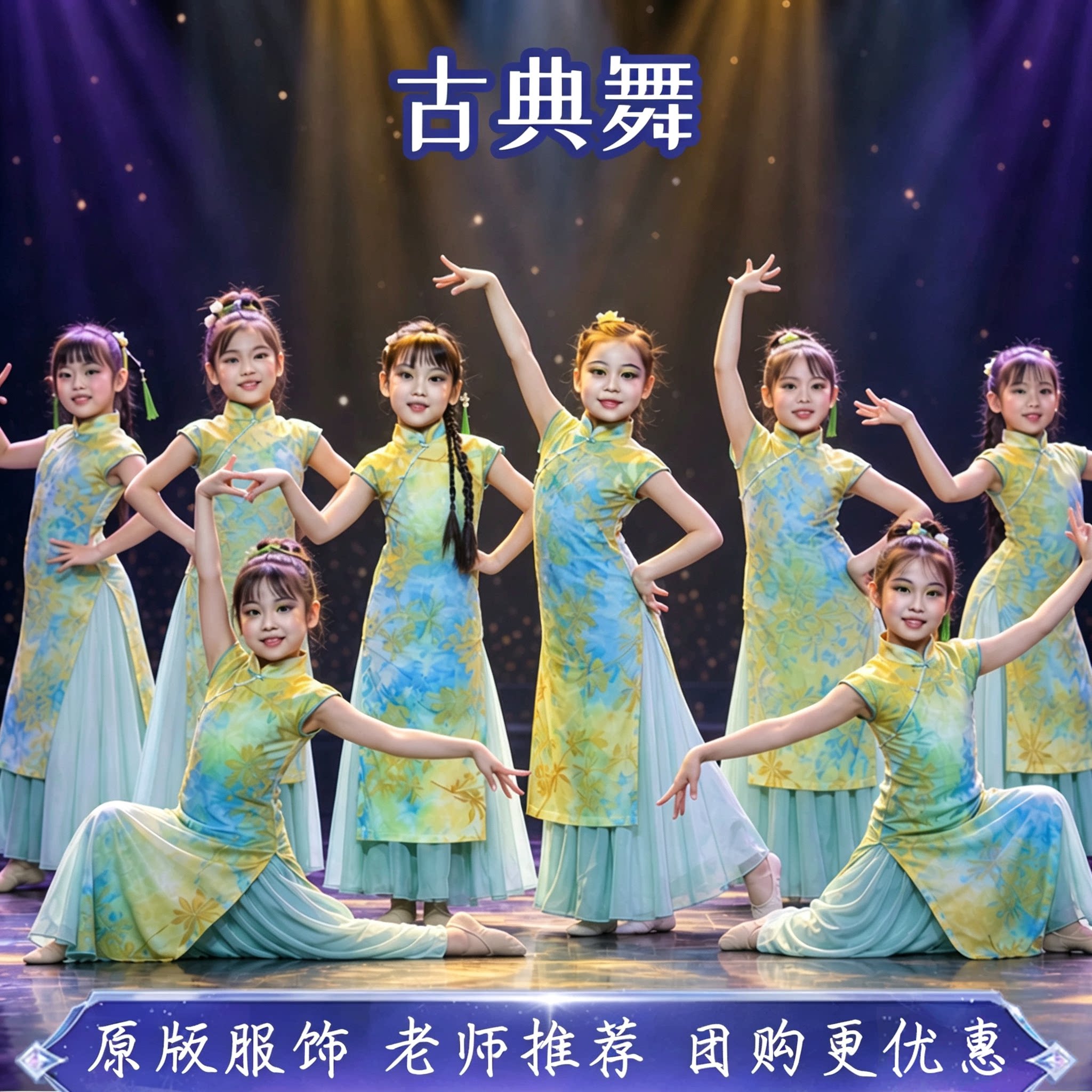 儿童古典舞演出服女印花黄绿色旗袍表演服飘逸国风身韵舞台练功服