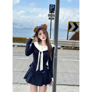 Mejiu蜜九【栀花半裙】学院风辣妹半身裙女气质设计感藏青色短裙