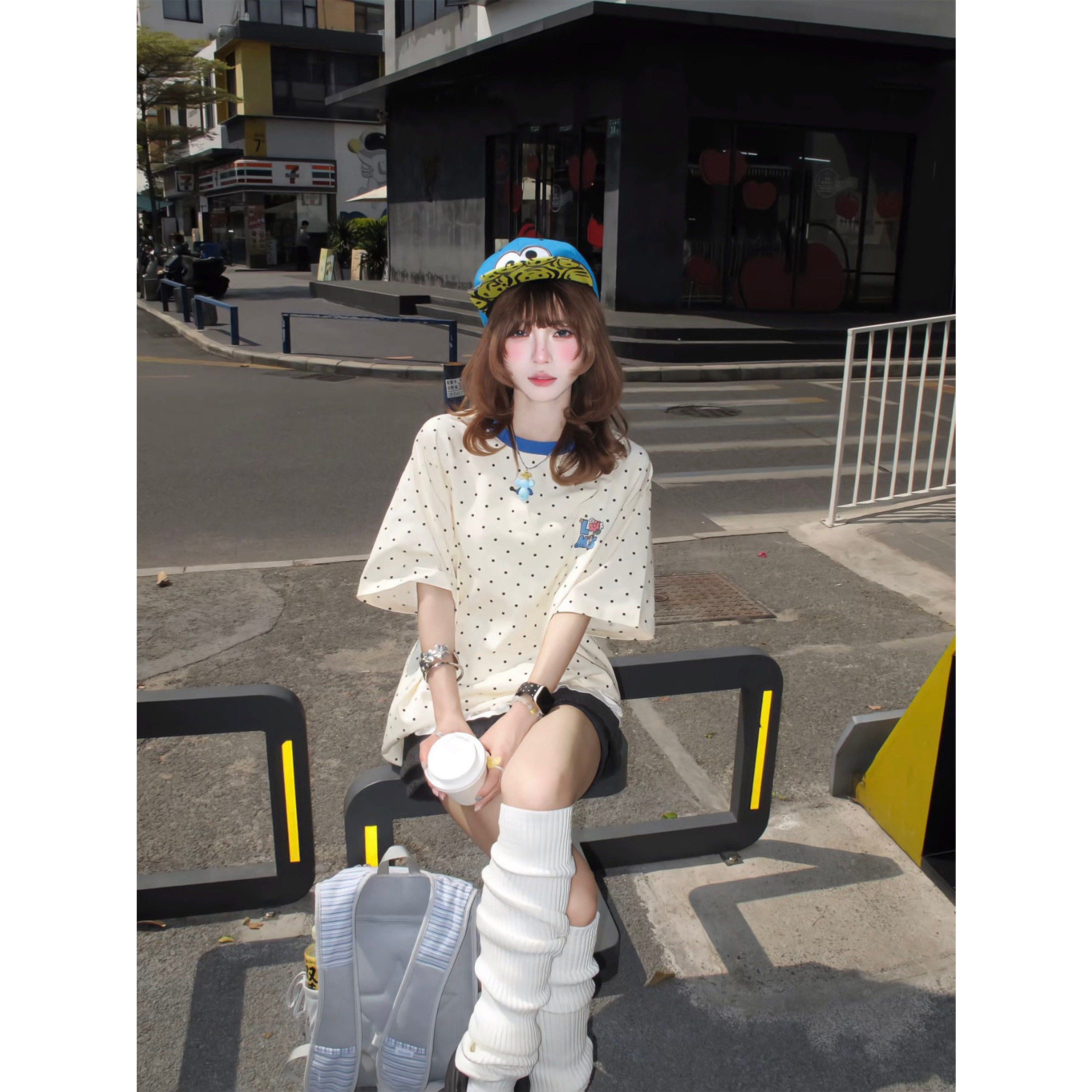 美式韩系甜美波点杏色正