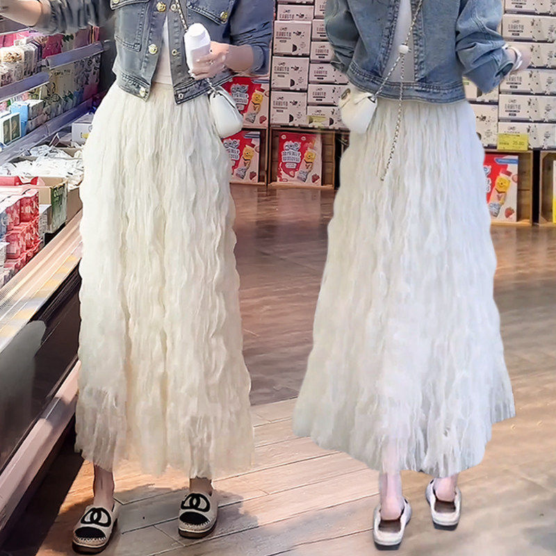 高级感白色百褶蛋糕半身裙女2026春季新款蕾丝半裙蓬蓬网纱长裙子