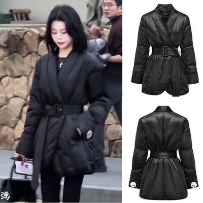 缎面中长款V领鹅绒羽绒服黑色冬