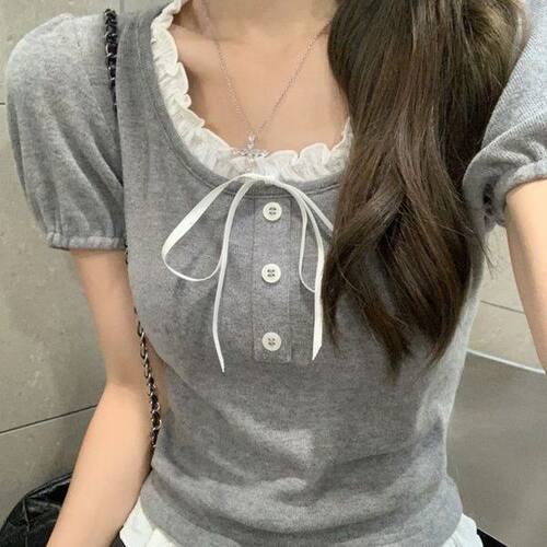 U领短袖木耳边显瘦短款T恤女