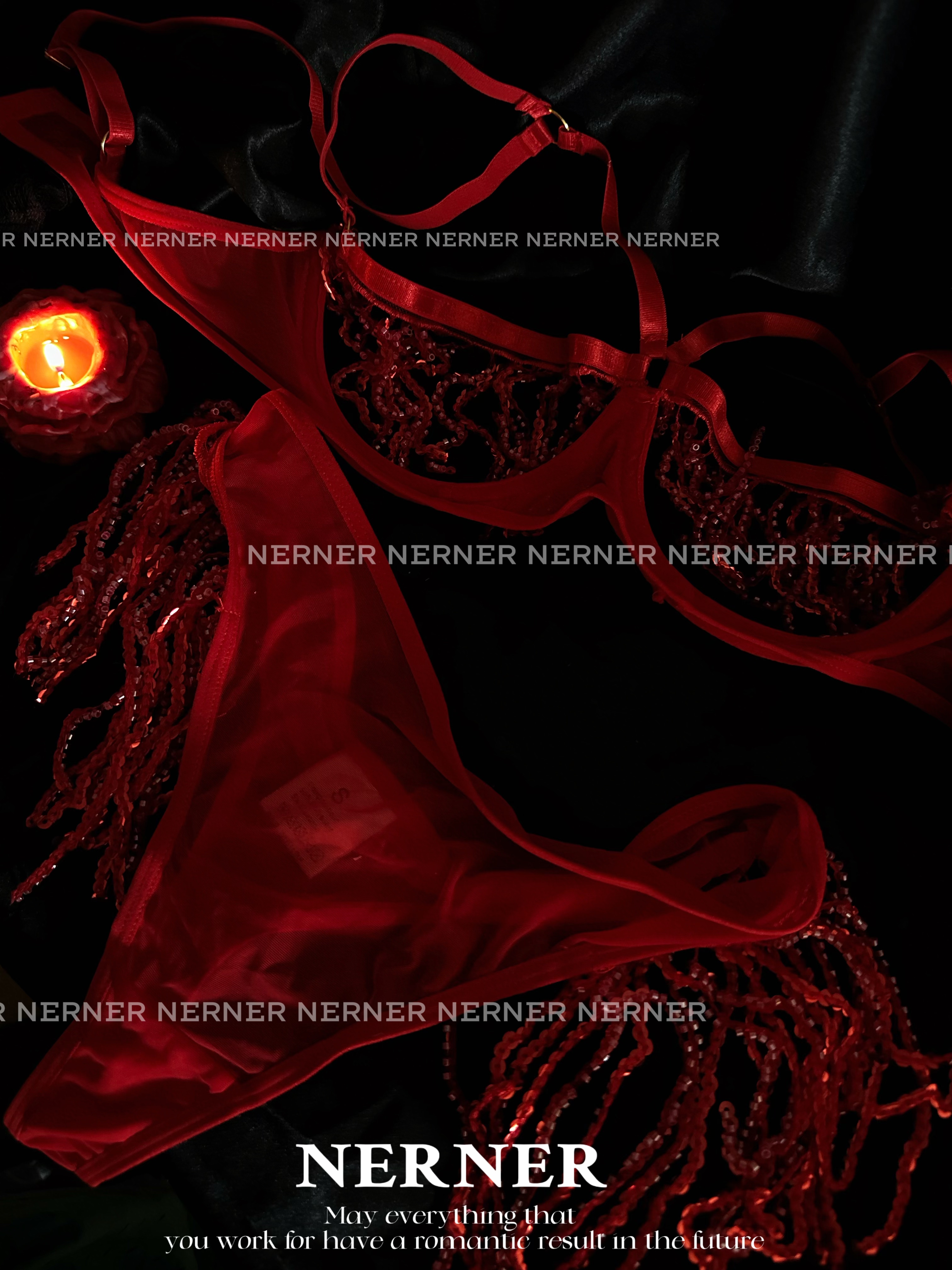 NERNER·一抹红·超性感亮片红色流苏网纱透出内衣套装