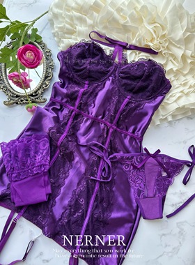 Ner【夜】性感蕾丝挂脖低胸显瘦包臀连衣裙高级绸面紫色睡裙女