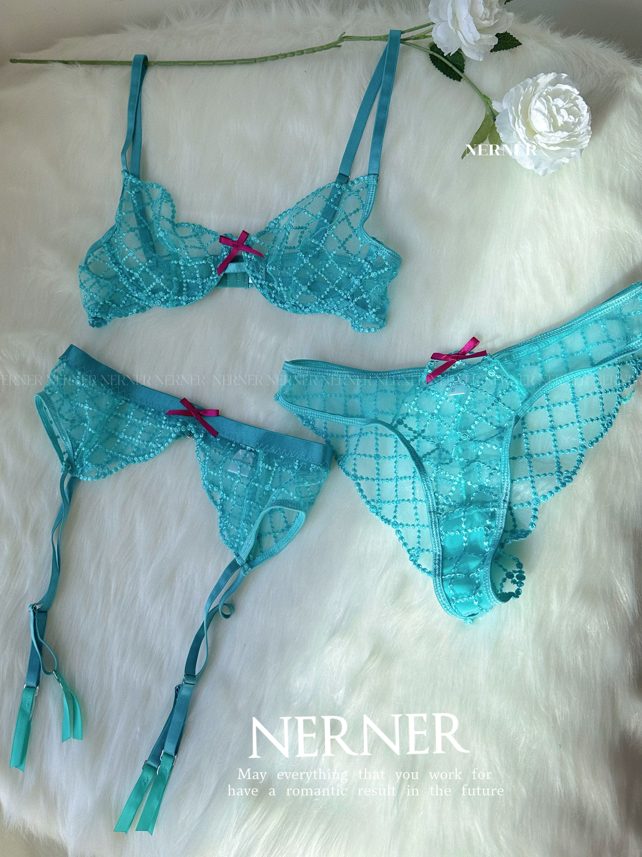 NERNER 人鱼之梦*珠光网格刺绣蕾丝内衣三件套法式内衣性感吊袜带