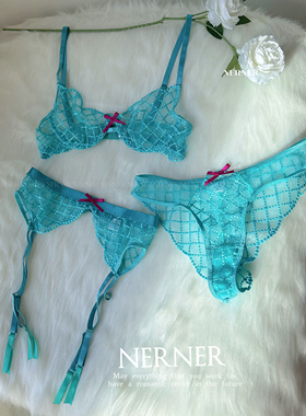 NERNER 人鱼之梦*珠光网格刺绣蕾丝内衣三件套法式内衣性感吊袜带