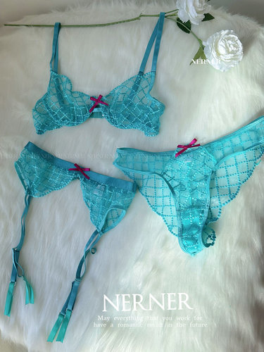 NERNER 人鱼之梦*珠光网格刺绣蕾丝内衣三件套法式内衣性感吊袜带
