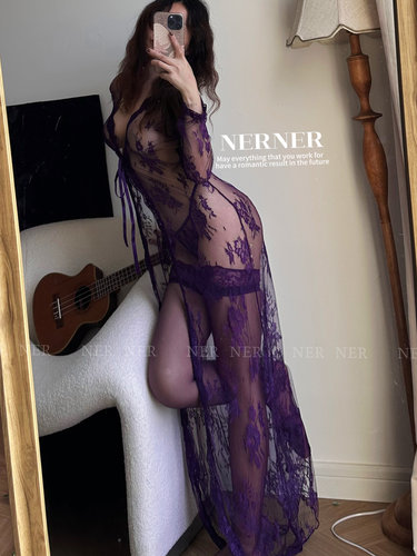 NERNER*迷雾* 超性感欧美网纱透蕾丝长袖长款睡衣镂空睡袍 高品质