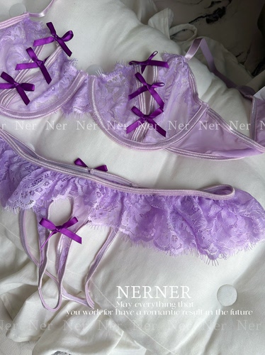 NERNER 紫艳*欧美蝴蝶结淡紫文胸上托聚拢内衣套装性感弹力包裹