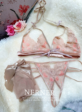 Ner镂空情调性感樱桃撩人挂脖诱惑文胸开叉T裤薄款无钢圈内衣夏