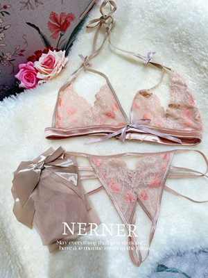 Ner镂空情调性感樱桃撩人挂脖诱惑文胸开叉T裤薄款无钢圈内衣夏