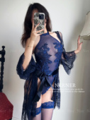 高级优雅 超美花朵刺绣挂脖蕾丝连体性感内衣套装 NERNER 蓝调