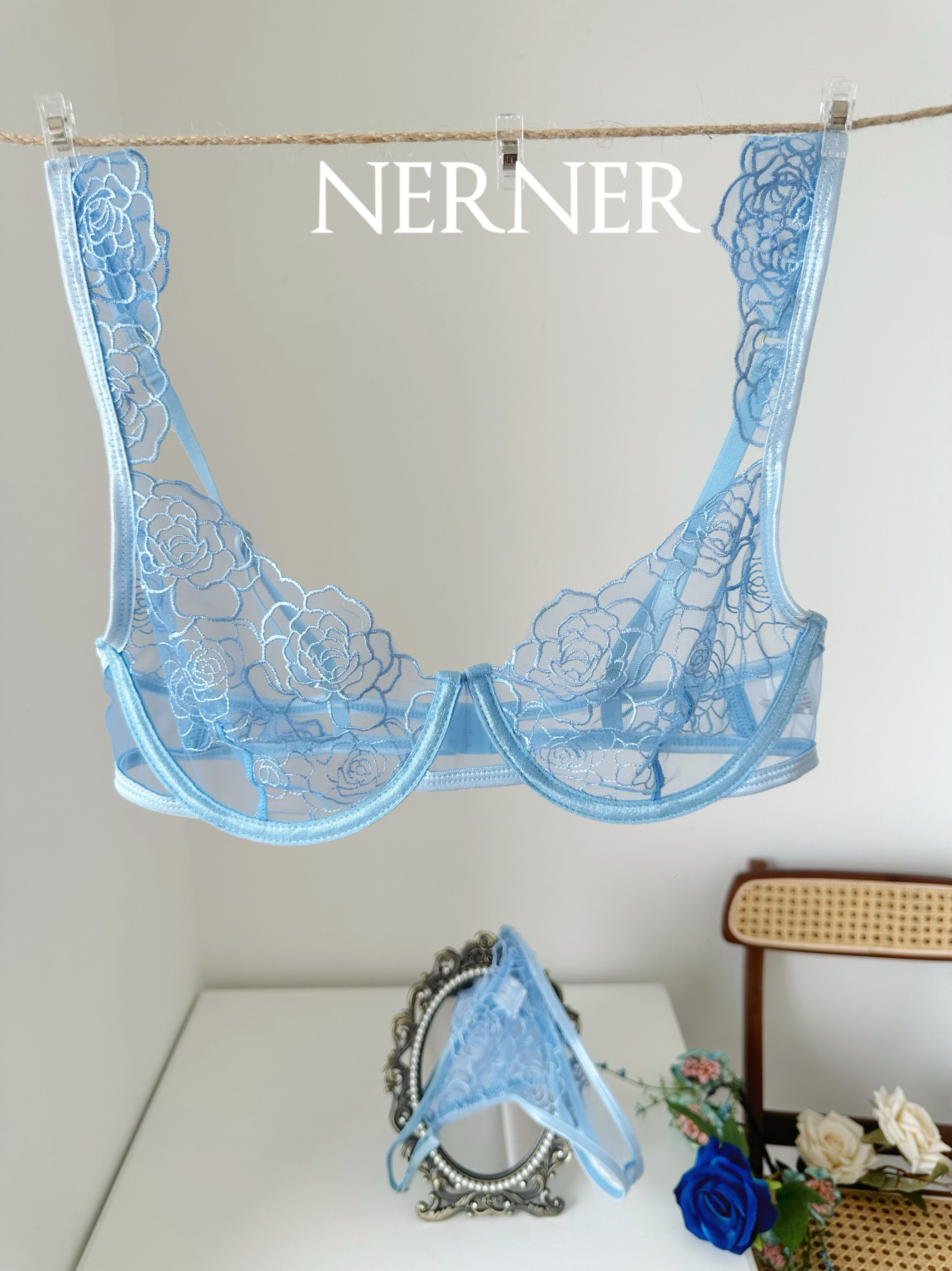 Nerner玫瑰花刺绣温柔知性内衣套装轻薄舒服性感文胸
