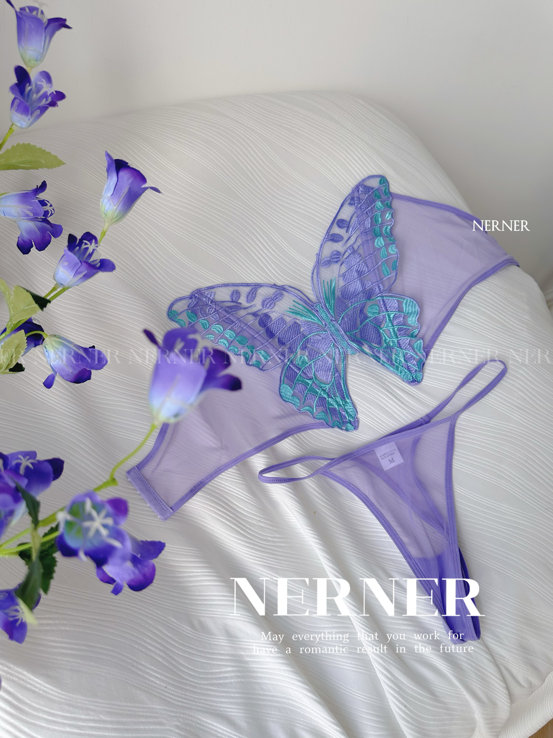 NERNER花花蝴蝶*聚拢情调性感蝴蝶结抹胸蕾丝紫色刺绣内衣套装