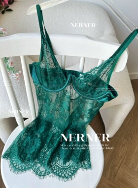 NERNER火辣夏日* 性感睫毛蕾丝透吊带睡裙高级丝袜内衣套装女