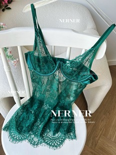 NERNER火辣夏日 女 性感睫毛蕾丝透吊带睡裙高级丝袜内衣套装