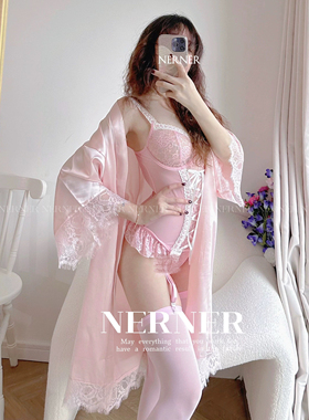 NER【甜粉】柔软蕾丝纯欲聚拢内衣重工绑带性感连体衣 粉