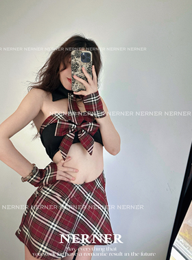 NERNER 美好回忆*jk纯欲学院格纹制服蝴蝶结百褶半裙内衣套装辣妹
