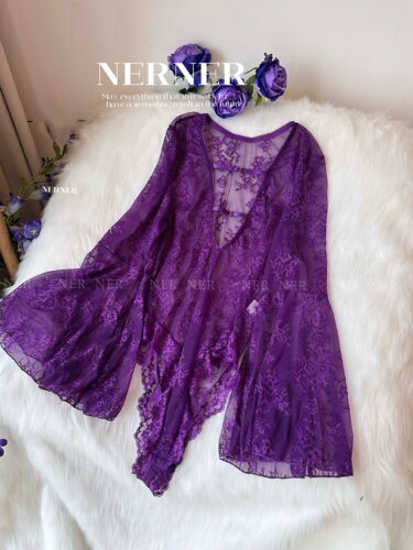 NERNER【恋梦】超性感网纱透蕾丝喇叭袖长款高腰暗扣连体衣女