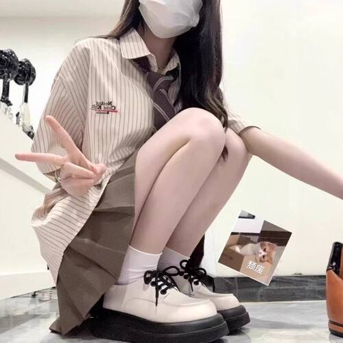 美式校园风JK制服套装韩系学院风辣妹百褶裙条纹衬衫两件套女夏季