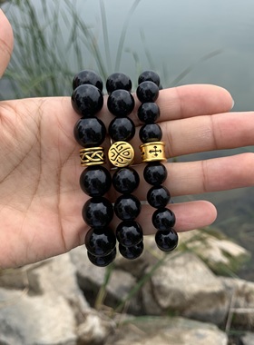 天然黑曜石手链越南沙金刺青手串