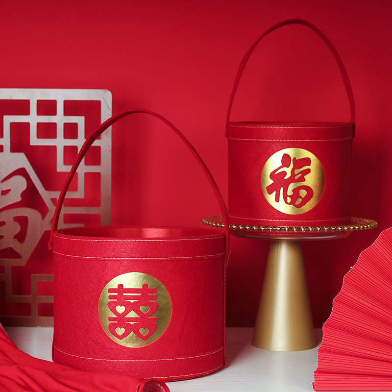 红色喜桶提篮配财神爷服装福桶发喜糖篮子伴手礼盒喜庆礼品盒子