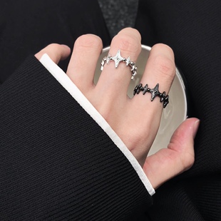 黑与白星芒不规则男女戒指小众设计轻奢指环百搭情侣开口戒