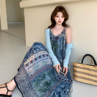 田园度假法式 复古印花吊带连衣裙两件套气质长裙6259P145K218