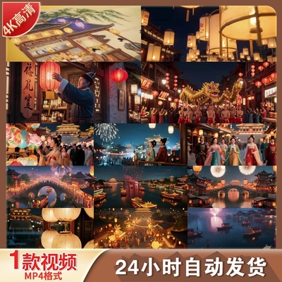 高清唐朝华灯夜游古城国风庆典夜景游园会灯笼烟花船桥视频素材