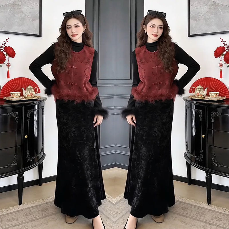 新中式气质优雅三件套女2025冬新款国风盘扣加棉马甲打底衫半身裙,女装/女士精品,上衣,淘宝优惠券,粉丝福利购,淘宝优惠卷