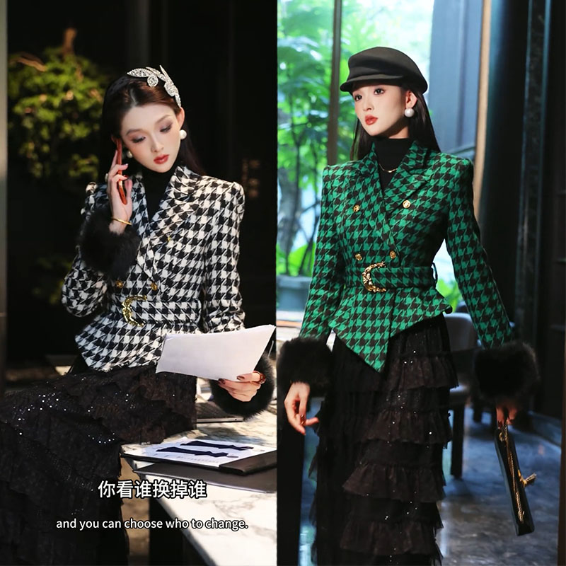 2025冬新款职业西装套装女法式名媛风格子收腰显瘦毛呢外套蛋糕裙