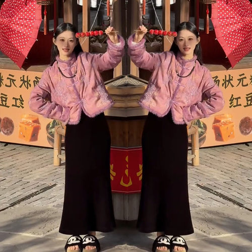 立领盘扣拼毛刺绣紫色保暖棉服女