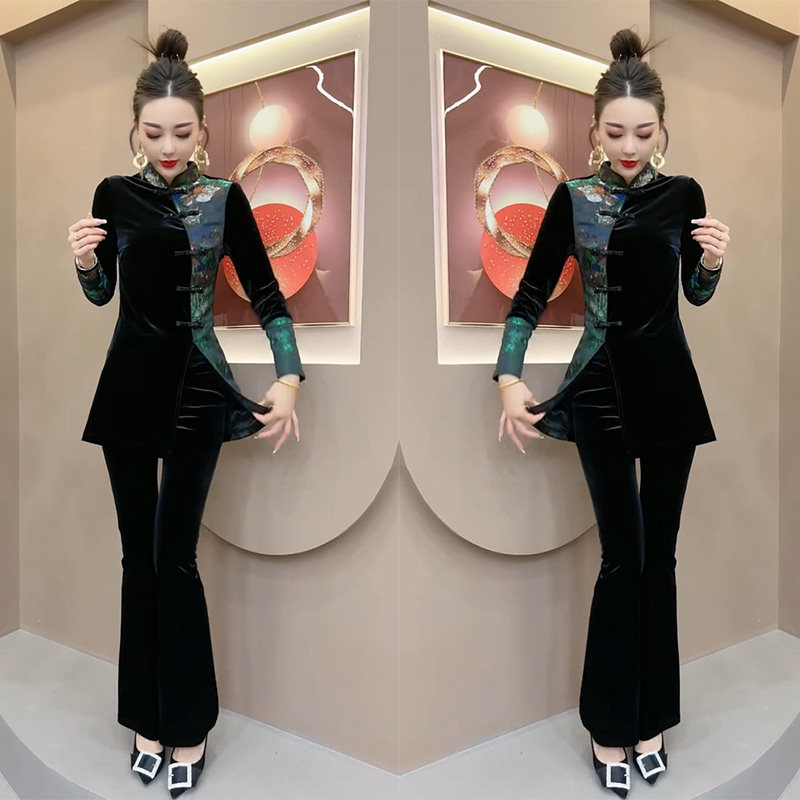 网红爆款新中式时尚套装女2023冬季盘扣侧开叉假两件小衫+微喇裤m