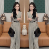 女2025夏季 连体裤 新款 减龄无袖 法式 高腰阔腿连体裤 高级感气质时尚