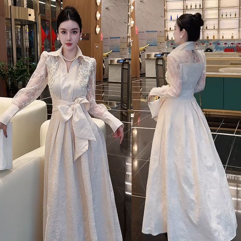 优雅富家千金甜美温柔女人味知性钉珠蕾丝拼接蝴蝶结提花长连衣裙