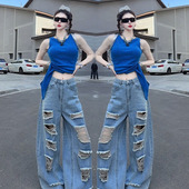 绑带无袖 辣妹蓝色修身 上衣 新款 欧货别致设计不规则开叉背心女夏季