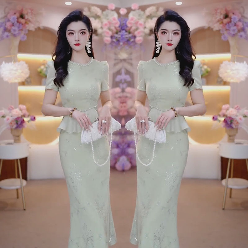 重工钉珠收腰假两件显瘦连衣裙女