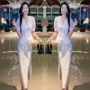 网红爆款初恋风仙女感套装裙2023夏季网纱袖拼接上衣+开叉半身裙m
