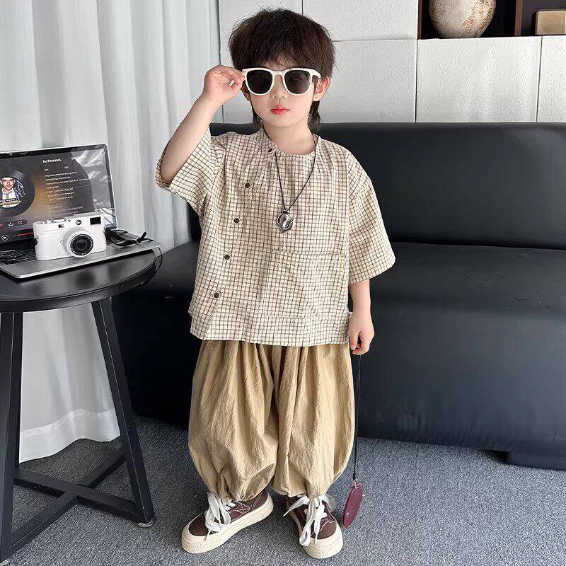 法国男童夏装套装2026新款儿童纯棉衬衫两件套小男孩夏季短袖衣服